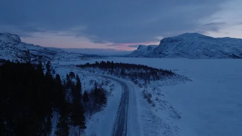 Aerial drone view over Stora sjöfallet in winter at night Stock-Footage 109565836