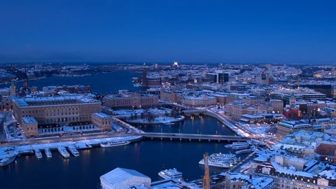 Aerial drone view over Strömmen in Stockholm in winter at night Vídeo Stock 109528634