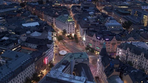 Aerial drone view over Stureplan in Stockholm at night 動画素材 109702246