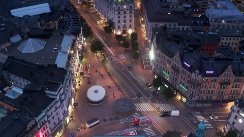 Aerial drone view over Stureplan in Stockholm at night 動画素材 109750831