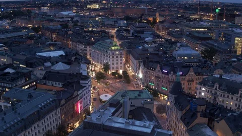 Aerial drone view over Stureplan in Stockholm at night 動画素材 109773844