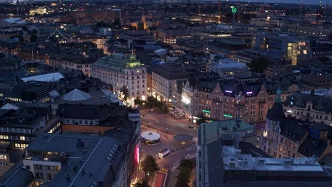 Aerial drone view over Stureplan in Stockholm at night Vídeo Stock 109790431