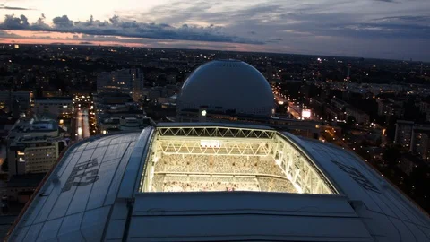 Aerial drone view over Tele2 Arena in Stockholm at night Vídeo Stock 109453080
