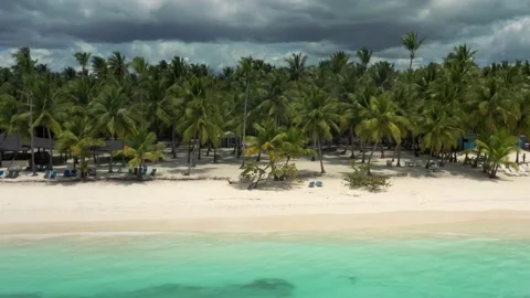 Aerial drone view over thai beach under cloudy grey sky 動画素材 130513633