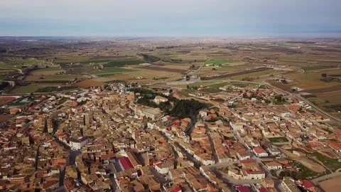 Aerial drone view over the town of Arbeca, Lleida, Catalonia Stock Footage 346787794