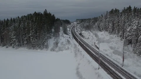 Aerial drone view over Train in winter Vídeo Stock 109556125
