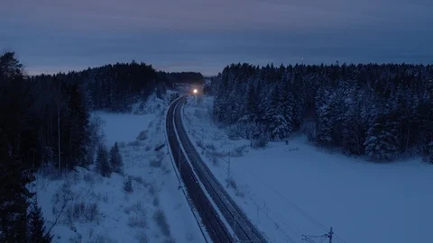 Aerial drone view over Train in winter at night Vídeo Stock 109557073