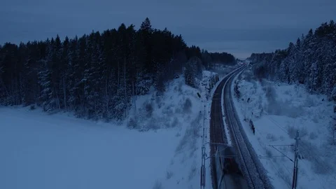 Aerial drone view over Train in winter at night Видео 109559836