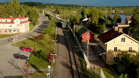 Aerial drone view over Train departing Vídeo Stock 109585702