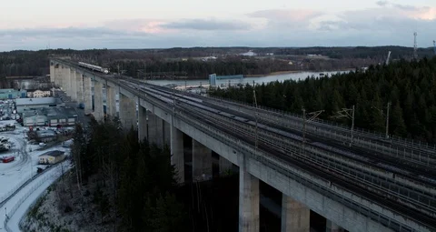 Aerial drone view over Train in Södertälje at night Stock-Footage 111350693