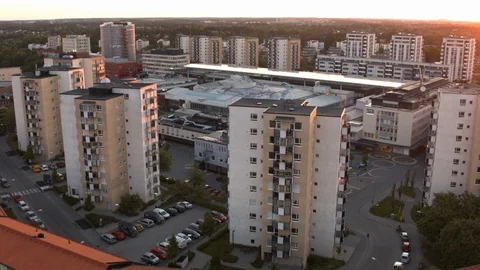 Aerial drone view over Vällingby in Stockholm at sunset Vídeo Stock 109504530