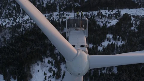 Aerial drone view over Wind Turbine at sunset 動画素材 110061406