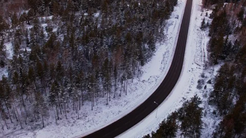 Aerial drone view over Winter road in winter Stockbeeldmateriaal 109497434