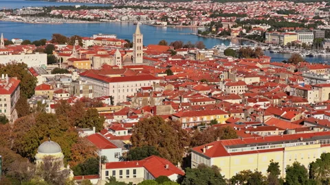 Aerial drone view over Zadar's historic Old Town showcasing a dense pattern of Stock Footage 324520437
