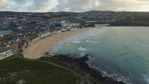 Aerial Drone View Overlooking St Ives Village and Beach in Cornwall, England Stock Footage 171296127