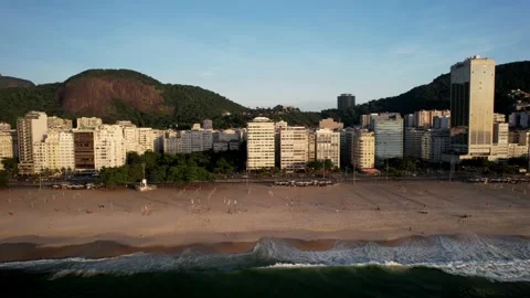 Aerial drone view panning Avenida Atlantica in Copacabana, Rio de Janeiro Stock Footage 231123371