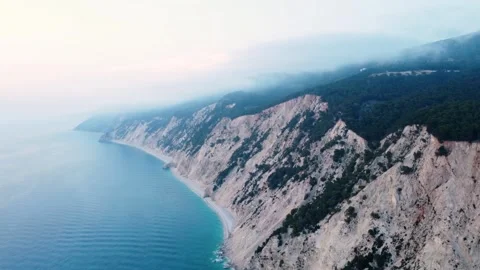 Aerial drone view with panning motion of wild beach birds flying near Stock Footage 245544009