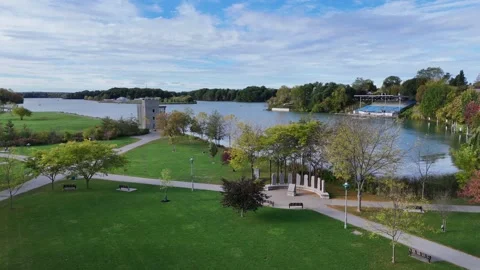 Aerial Drone View of Parc Jean Drapeau Parkland and River Channels in Montreal 動画素材 335169204