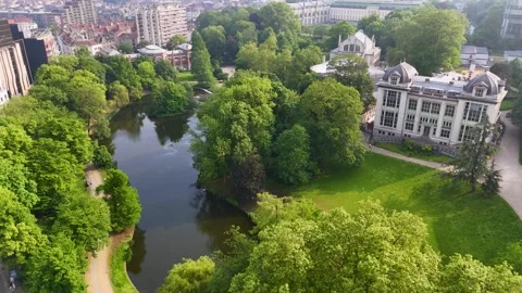 Aerial Drone View of Parc Leopold Park, Greenery, Ponds, Brussels Stock Footage 276099084