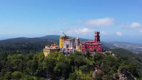 Aerial drone view of Park and National Palace of Pena in Sintra, Portugal Video stock 213934877