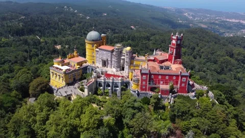 Aerial drone view of Park and National Palace of Pena in Sintra, Portugal Stock Footage 213934974