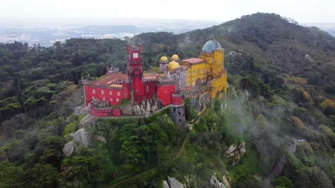 Aerial drone view of Park and National Palace of Pena in Sintra, Portugal Stock Footage 221581051