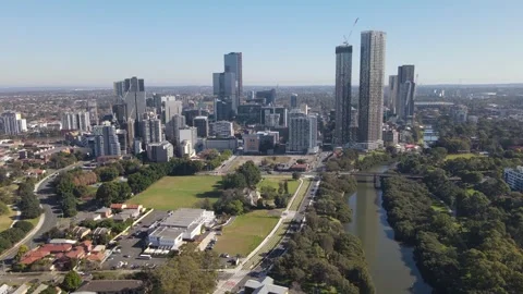 Aerial drone view of Parramatta CBD in Greater Western Sydney, NSW in June 2023 Video stock 243485401