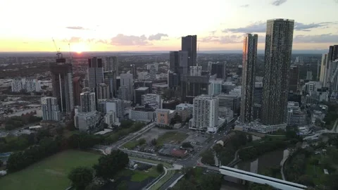 Aerial drone view of Parramatta cbd in Sydney, NSW during a late aftertoon Vídeo Stock 259907705