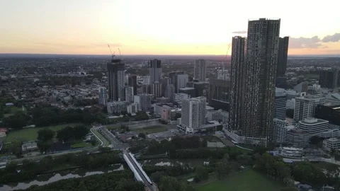 Aerial drone view of Parramatta cbd in Sydney, NSW during a late aftertoon Stock Footage 259907852