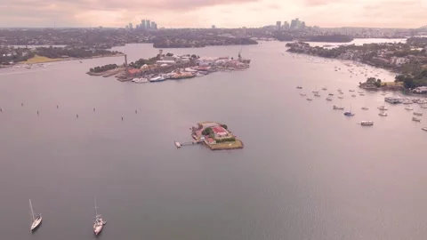 Aerial drone view of Parramatta River, Sydney Harbour showing Cockatoo Island Stock-Footage 226535239