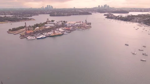 Aerial drone view of Parramatta River, Sydney Harbour showing Cockatoo Island Stock Footage 226537655