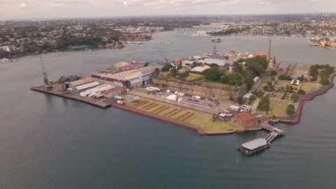 Aerial drone view of Parramatta River, Sydney Harbour showing Cockatoo Island Video stock 226544607