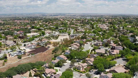 Aerial drone view of Paso Robles California suburb - homes, trees, hills 14 Stock Footage 308425741