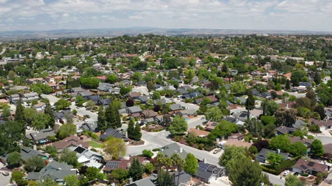 Aerial drone view of Paso Robles California suburb - homes, trees, hills 08 Stock Footage 308426947