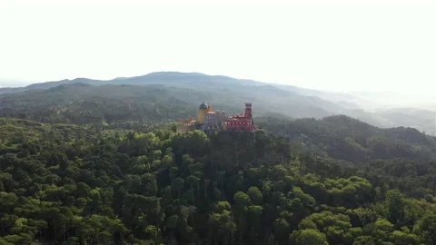 Aerial drone view Pena Palace. Foggy Sky. Medieval Stock Footage 135547853