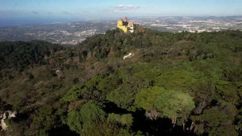 Aerial drone view of Pena Palace, a romanticist castle in the Sintra Stock Footage 220976254