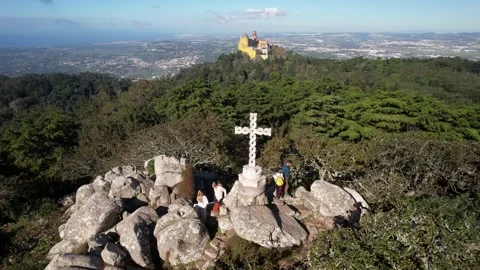 Aerial drone view of Pena Palace, a romanticist castle in the Sintra Stock Footage 220976677