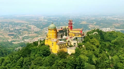 Aerial drone view of Pena Palace, Castle Sintra, Portugal. day trip from Lisbon  스톡 동영상 224927436