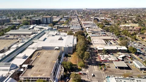 Aerial drone view of Penrith CBD in Penrith, Outer Western Sydney, NSW Stock Footage 334597701
