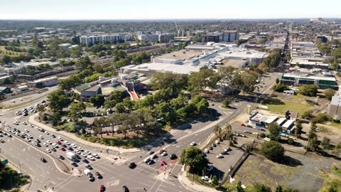 Aerial drone view of Penrith CBD in Penrith, Outer Western Sydney, NSW Stock Footage 334598261