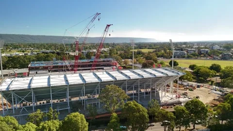 Aerial drone view of Penrith Stadium in Penrith NSW, Australia on a sunny day Stock Footage 334598617