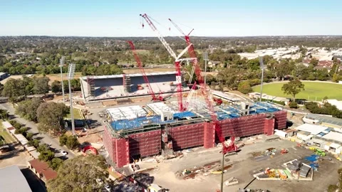 Aerial drone view of Penrith Stadium in Penrith NSW, Australia on a sunny day Stock Footage 334598830
