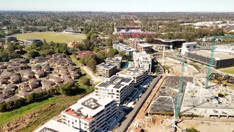 Aerial drone view of Penrith Stadium in Penrith NSW, Australia on a sunny day Stock Footage 334599040