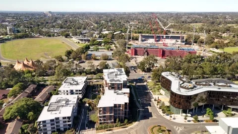 Aerial drone view of Penrith Stadium in Penrith NSW, Australia on a sunny day Stock Footage 334599260