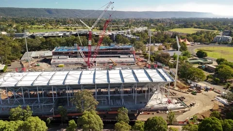 Aerial drone view of Penrith Stadium in Penrith NSW, Australia on a sunny day Stock Footage 334599526
