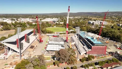 Aerial drone view of Penrith Stadium in Penrith NSW, Australia on a sunny day Stock Footage 334599685