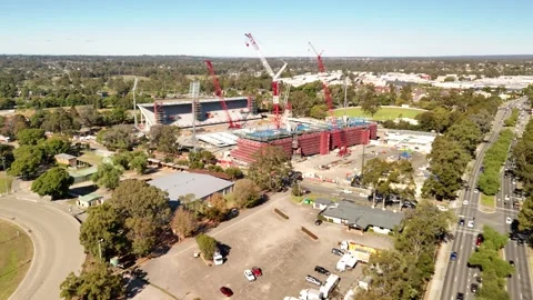Aerial drone view of Penrith Stadium in Penrith NSW, Australia on a sunny day Stock Footage 334600299