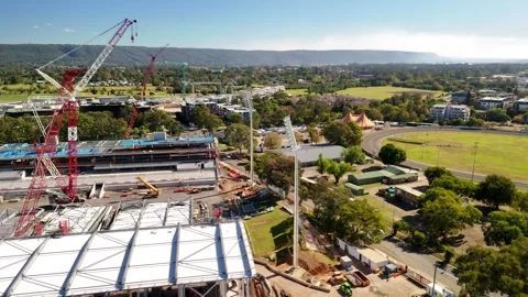 Aerial drone view of Penrith Stadium in Penrith NSW, Australia on a sunny day Stock Footage 334600836