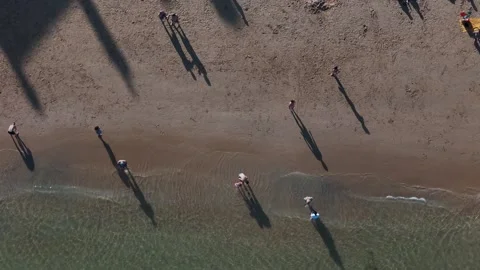 Aerial drone view of people enjoying a sunny day at the beach Stock Footage 312708008