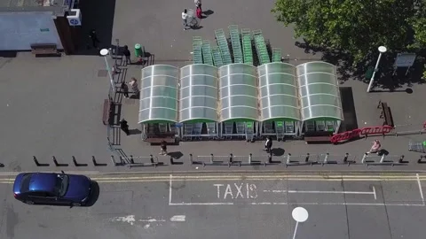 Aerial drone view of people getting in the line for the supermarket Stock Footage 130557862